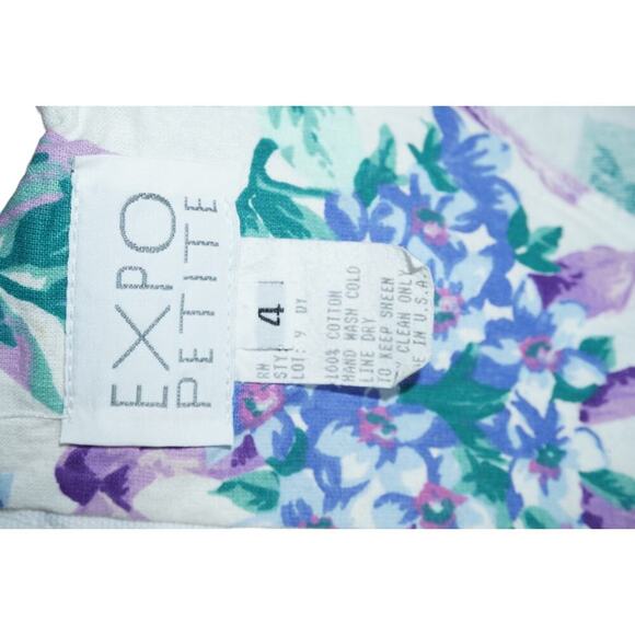 Vintage 80s Expo Petite Cold Shoulder Floral Midi Dress Purple Green Cotton -4 - Picture 9 of 11